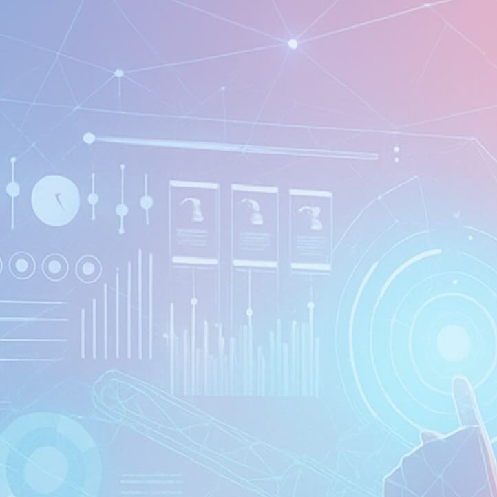 Enterprise software interface with gradient blue to pink background featuring dashboard elements, charts, and data visualization components