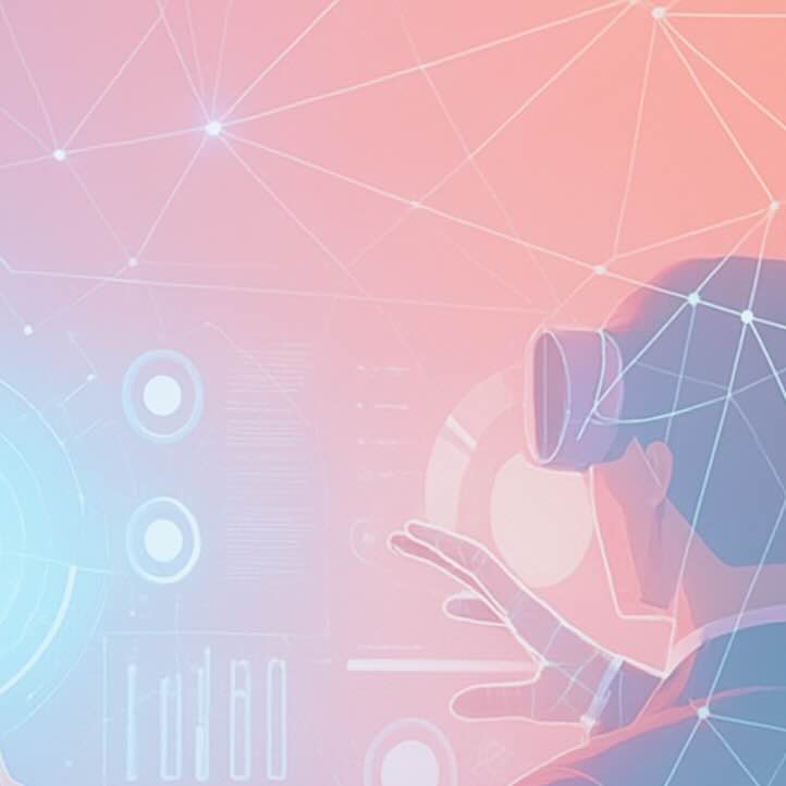 Financial technology concept with person silhouette wearing VR headset, geometric network patterns, and futuristic interface elements in gradient design