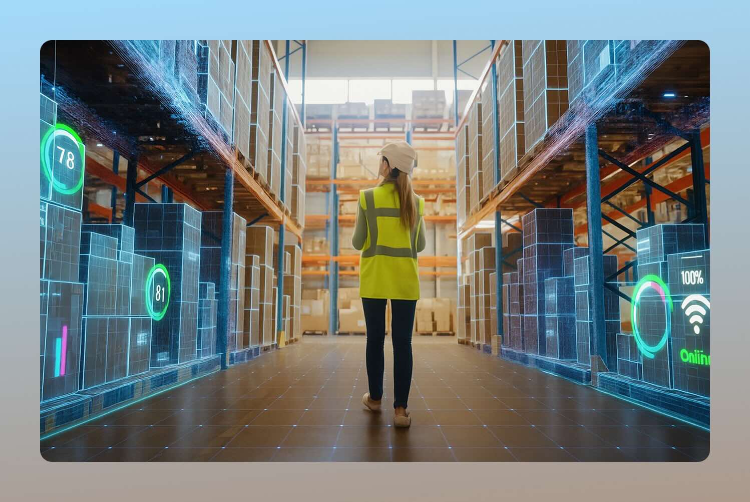 Female warehouse worker in yellow safety vest walking through modern smart warehouse with futuristic digital overlays, holographic progress indicators showing numbers 78 and 81, connectivity symbols, and blue glowing data visualizations representing digital transformation in supply chain management